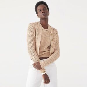 J. Crew - Cropped Cardigan Sweater in Textured Pointelle - Dark Beechwood